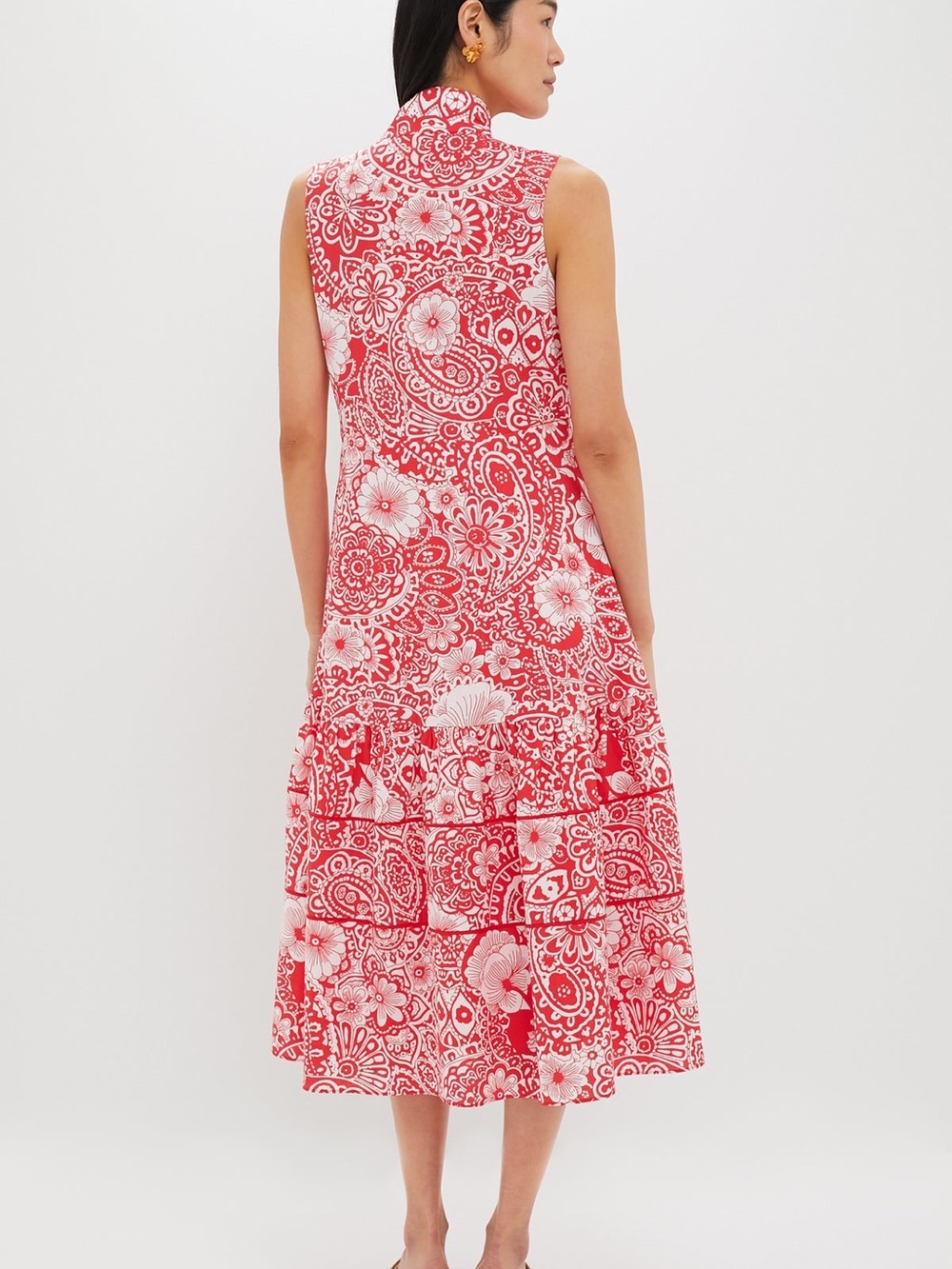 Red Floral Tiered Sleeveless Midi Dress - Picture 2 of 5